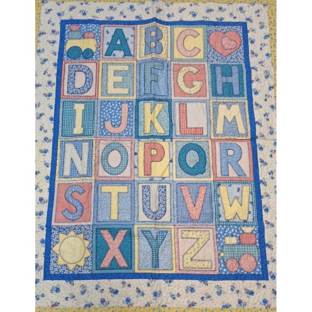 VTG 80s 90s ABC Alphabet Baby Blanket Quilt Patchwork‎ Style Yellow Bunnies - Picture 3 of 6